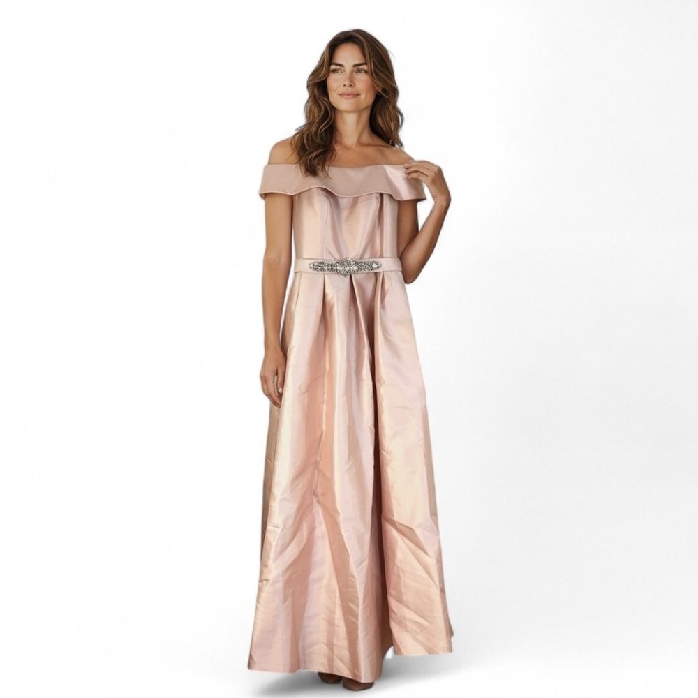Eliza J Blush Pink Off-Shoulder Gown with Rhinestone Belt – Size 8 - Picture 3 of 13